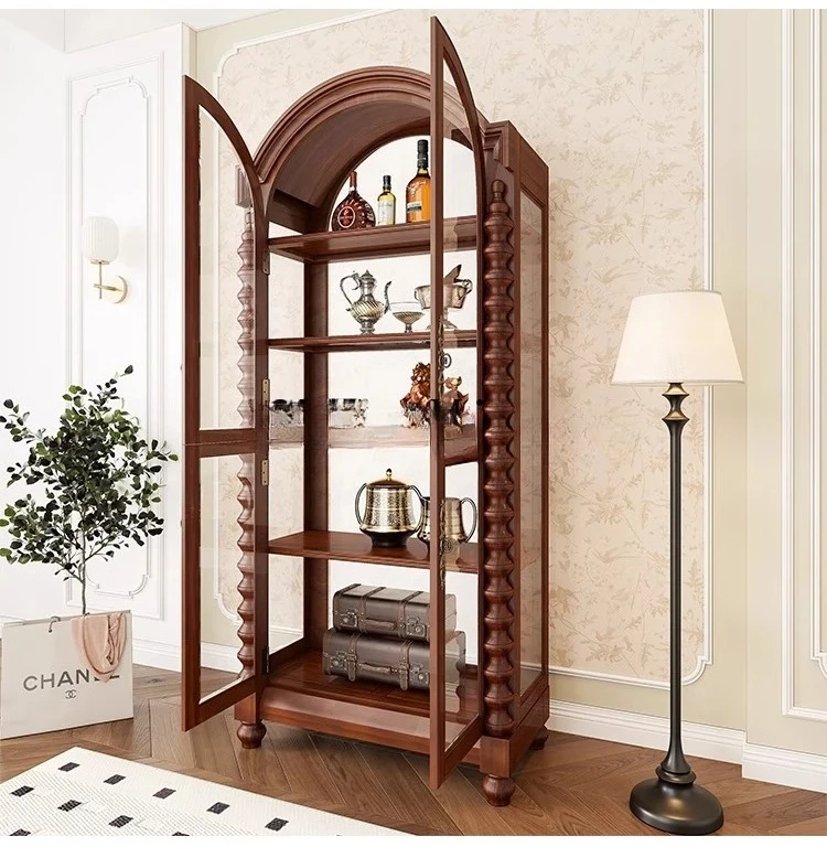 HJ all-solid wood wine cabinet household living room large-capacity storage arched retro wind wall display cabinet