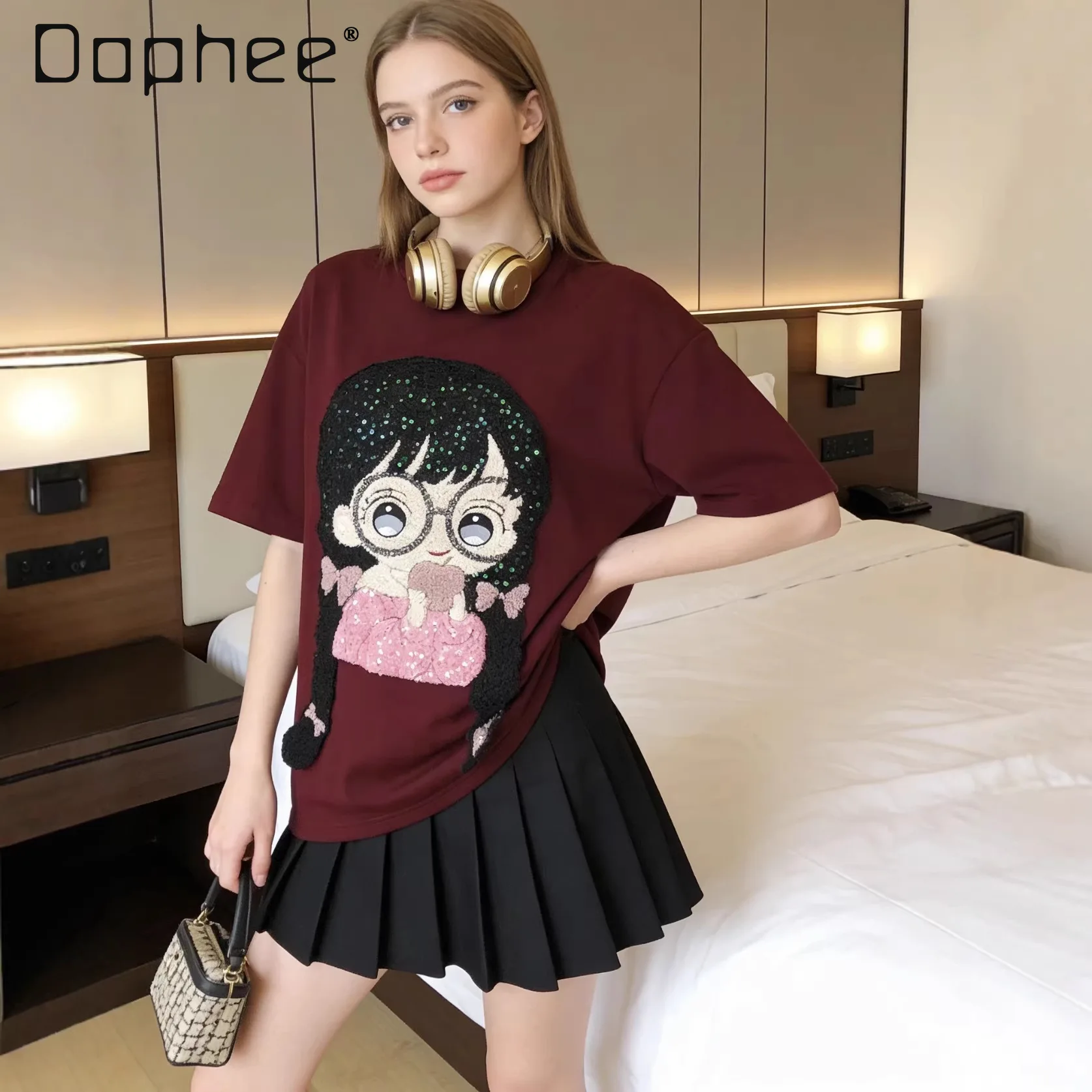 

2026 Summer New Korean Version Cute Little Girl Sequined Cartoon Patch Loose Cotton Short-sleeved T-shirt Women Y2k Top