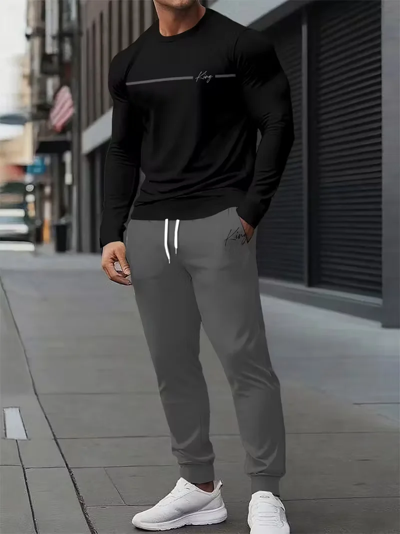 

Autumn and Winter Men's Casual Long Sleeved Set K Letter Print Men Clothing Tracksuit Two-piece Set Quick Drying and Comfortable