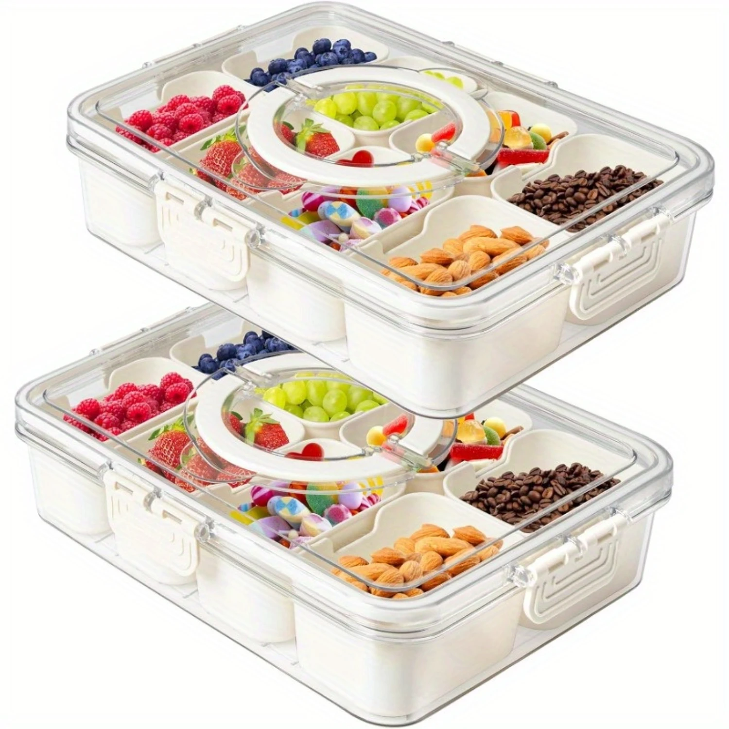 2 Pack Snackle Box with Handle for Food Serving Tray Snack  with Lids Stackable Fruit&Veggie Container with 8 Small Removable Bo