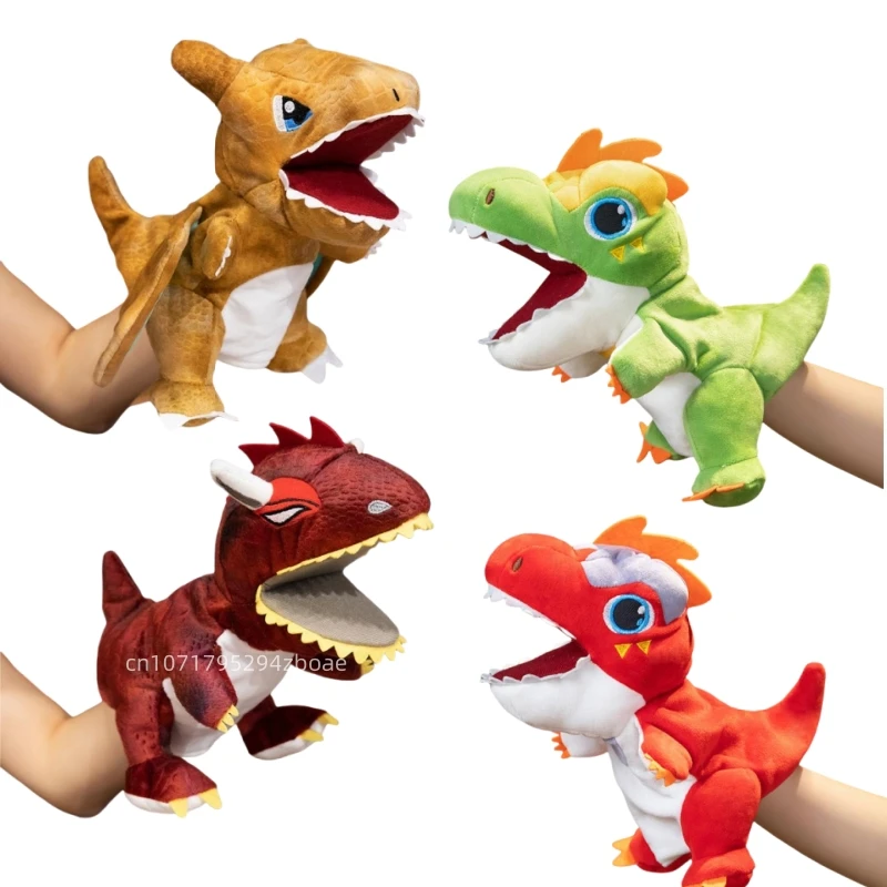 Cartone animato farcito T-rex dinosauro fuoco drago verde Anime burattino di mano giocattoli neonato regalo di compleanno creativo 3D bambola di peluche simulata