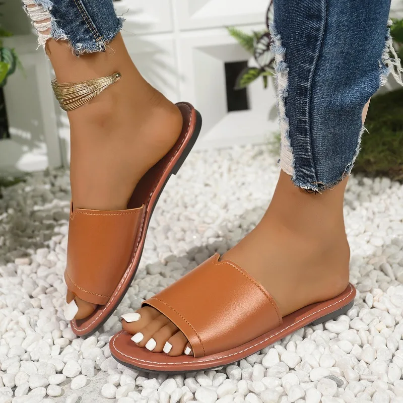 

2025 Summer Basic Women's Slippers Fashion Outdoor Daily Slippers Women New Open Toe Plus Size Concise Flat Slippers Zapatos