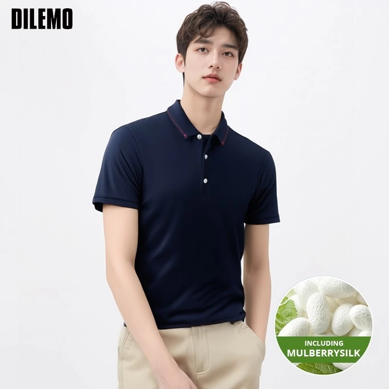 

High End With Mulberry Silk New Mecerized Cotton Men's Polo Shirts Short Sleeve Tops Summer Fashions Casual Mens Clothes 2025
