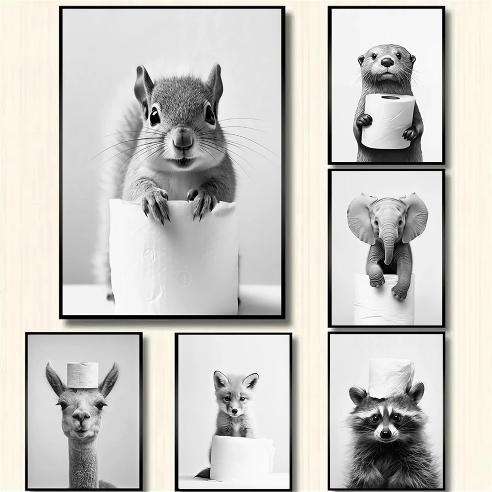 Toilet Paper Bathroom Animal Poster Hedgehog Otter Squirrel Canvas Painting Black And White Modern Wall Art Picture Home Deco