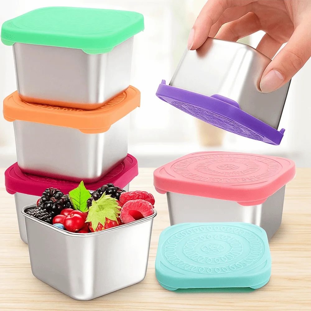 

6pcs Jam Cup 304 Stainless Steel Salad Dressing Cup Square Leak-proof Sauce Cup 60/180ml with Silicone Lid Snack Box Worker