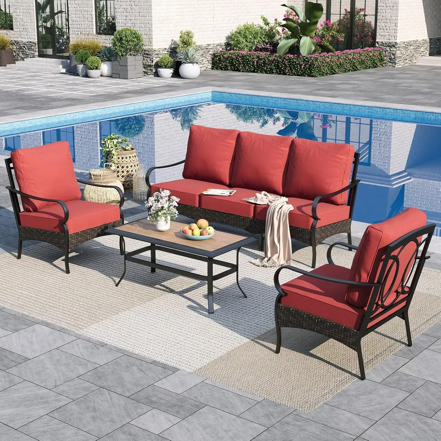 

Комплект для отдыха на открытом воздухе из 4 предметов: 3-местный диван, 2 кресла, 1 кофейный столик, металлический, для патио, сада, веранды, красный, на заказ