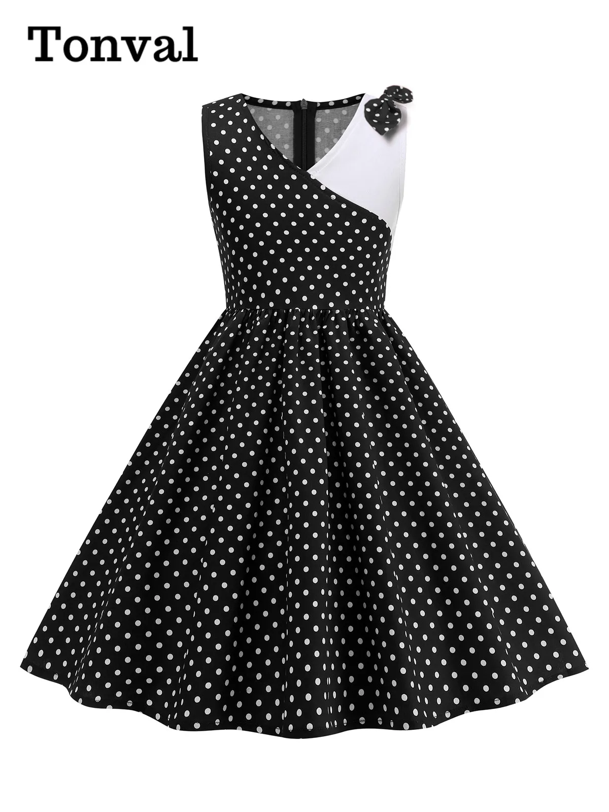 Tonval Black and White Two Tone Vintage Dresses for Kids Polka Dot V-Neck Sleeveless Bow Detail Pleated Cute Girls Dress