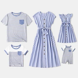 PatPat Family Matching Blue Striped V Neck Drop Shoulder Button Up Belted Dresses and Short-sleeve T-shirts Sets