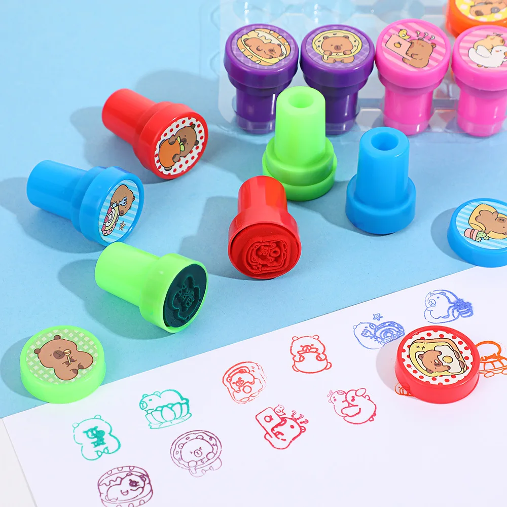 12Pcs Cute Animal Capybara Theme Kapibala Self-ink Stamps Toy for Kids Birthday Party Favors School Rewards Pinata Fillers