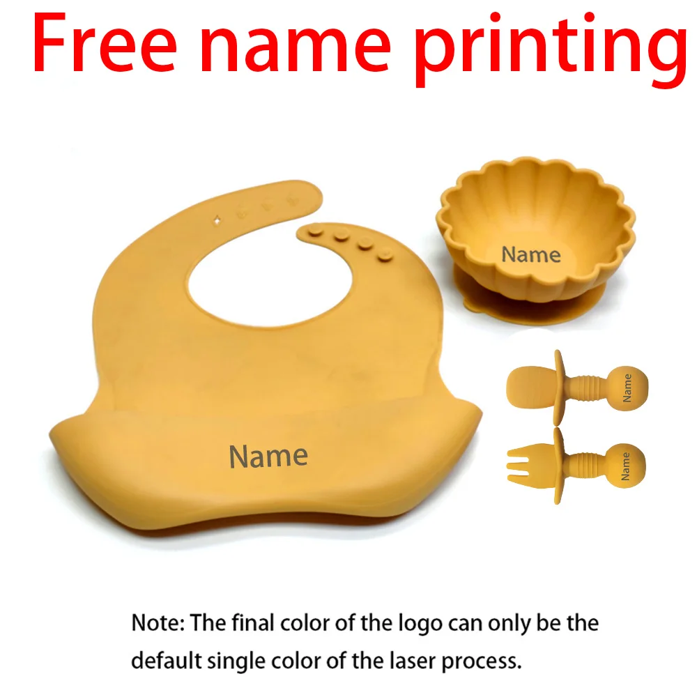 Free Name Printing 4PCS Silicone Tableware Set (Bowl, Fork, Spoon, Cup) Suitable for Boys & Girls - Holiday Gift
