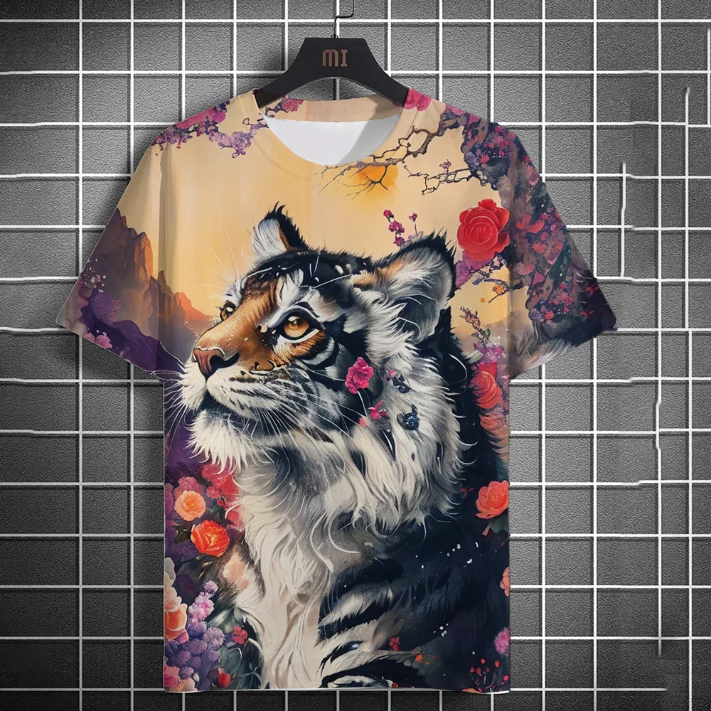 Camiseta deportiva 3D de manga corta para hombre، camisa غير رسمية de secado cepat con estampado de Tigre