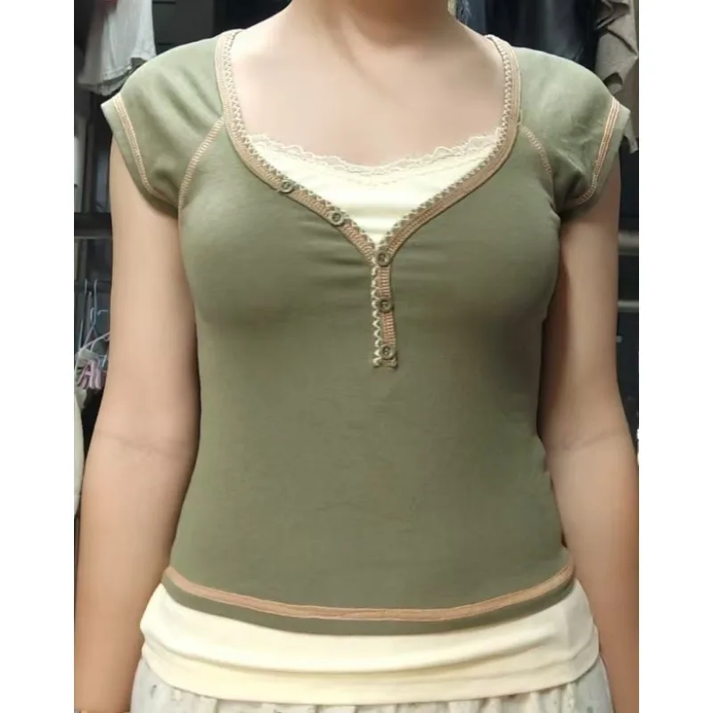 

American Retro Hottie Lace Patchwork T-shirts Subculture Slim Fake Two Tee Vintage Fashion Harajuku Short-sleeve Chic Tops Women