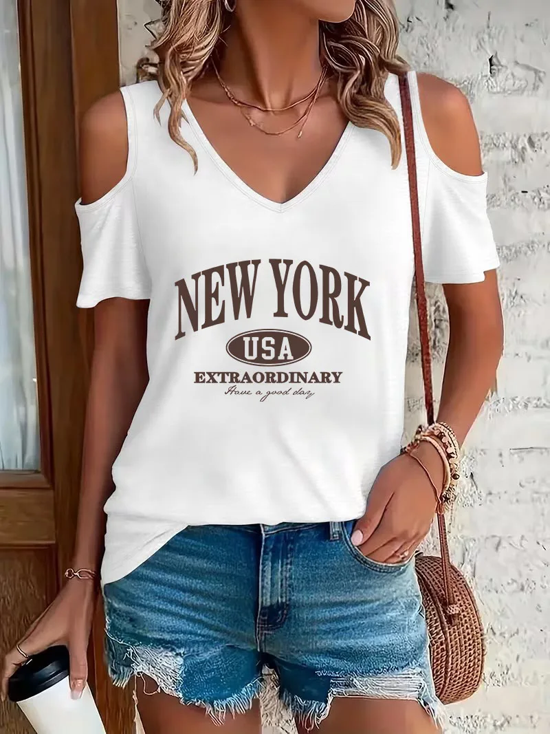 Fashion New York Letter Print T-shirt Short Sleeve Graphic V Neck T Shirt Casual Top Off-Shoulder V-Neck Women's Clothing Shirt