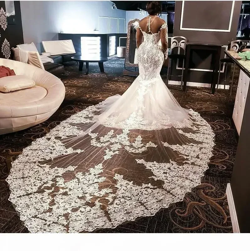 Customized Lace Mermaid Wedding Dresses Tulle Applique Beaded Crystals Long Sleeves Bridal Gowns Detachable Train