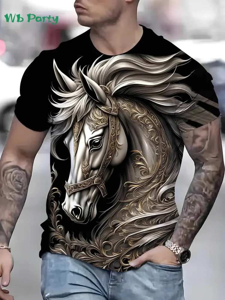 

New Horse T-Shirts for Men Summer Outdoor Men Short Sleeve Animal Print Breathable Men's Clothing Fashion Round Neck Men's Tops
