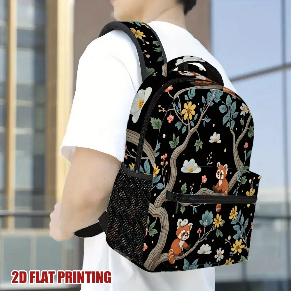 1pc Red Panda Floral Backpack Lightweight Minimalist Design with Vibrant Floral Red Panda Print, Durable Fabric Secure