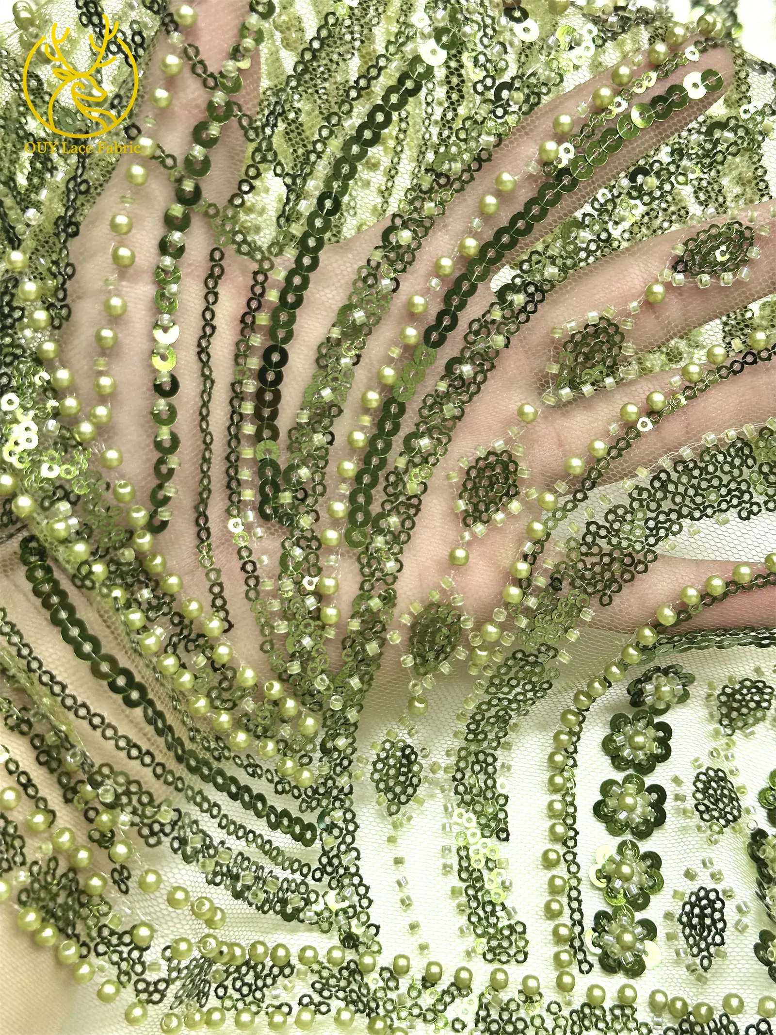 Green African Beaded Lace Fabric 2026 High-Quality French Nigerian Sequined Lace Fabric Party Dress Sewing Material 5 Yards