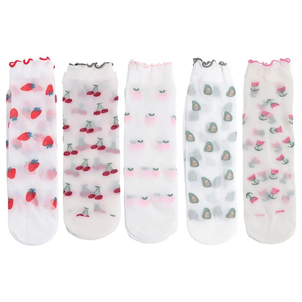 

Peach Strawberry Glass Silk Ruffle Socks Cherry Avocado Transparent Flower Ruffle Socks Hosiery Korean