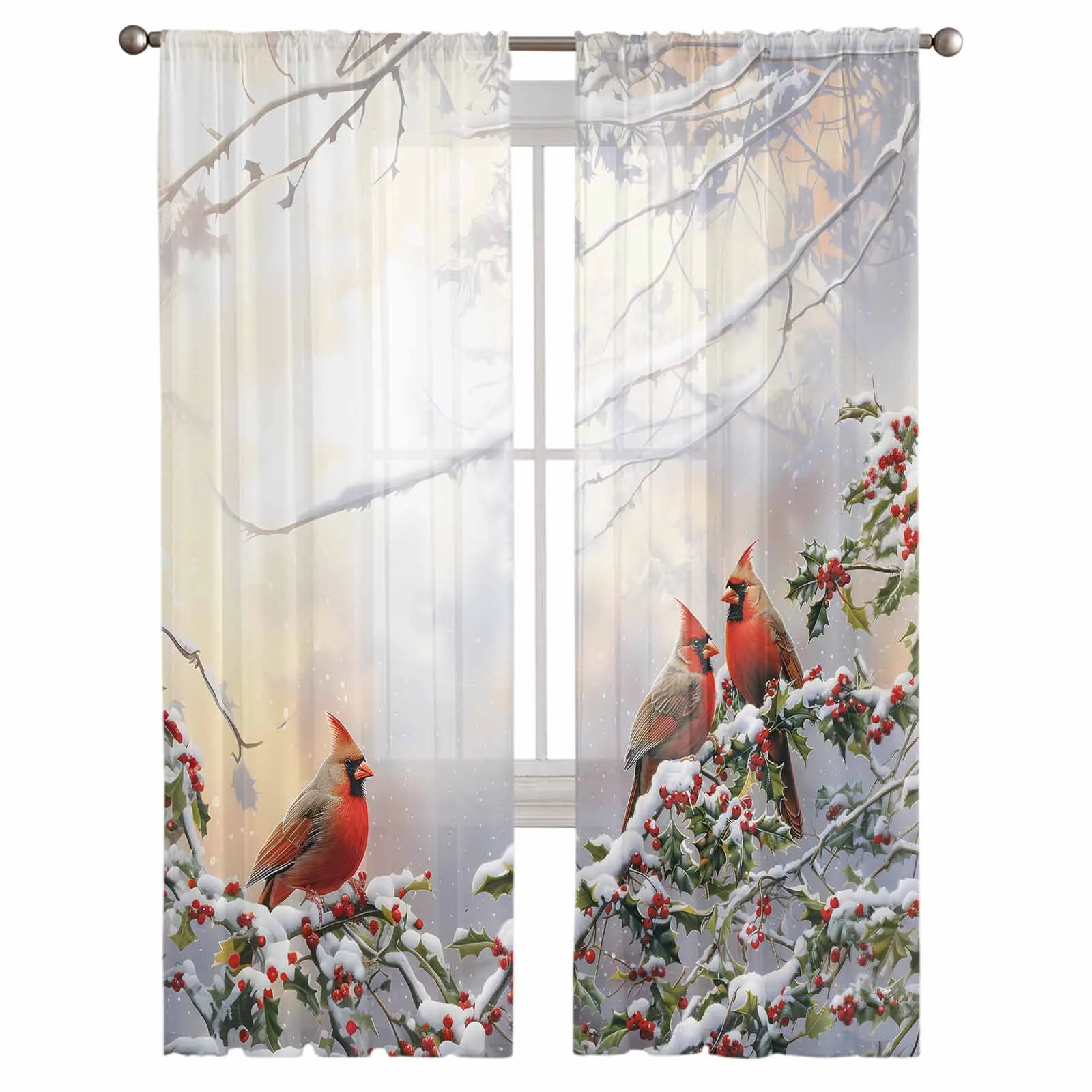 Winter Snow View Woods Red Bird Berries Chiffon Sheer Curtains for Living Room Bedroom Decor Kitchen Window Voiles Tulle Curtain