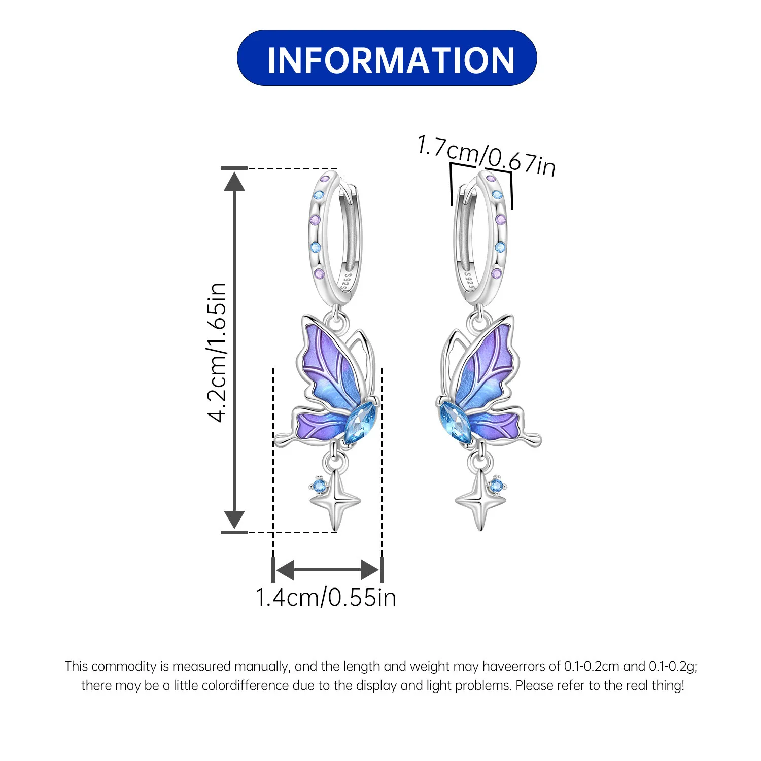 Original 925 Sterling Silver Earring Exquisite Insect Purple Butterfly  Earring Jewelry Gift for Women Daily Party Birthday Gift