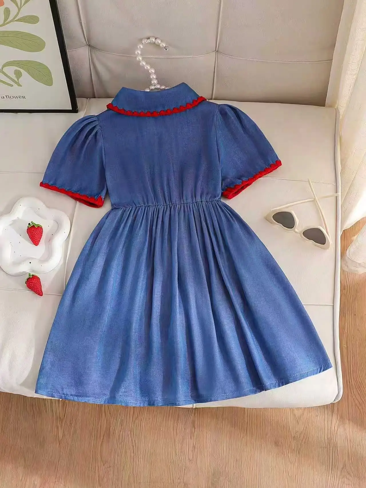 Trending Toddler 4-7Y Girls Preppy Faux Denim Dress with Strawberry Embroidery Fashion