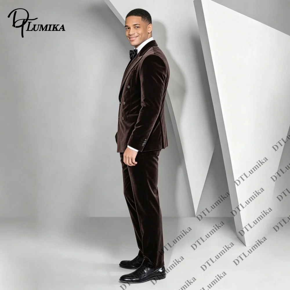 Flexible Custom Size Men's Velvet Suit Set Two Piece Formal Tuxedo Jacket Pants Bespoke Banquet Wedding Groom Suits Retro Attire