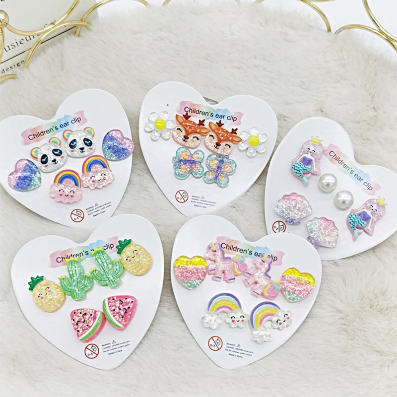 Strong Magnetic Kids Children Earrings 3PRS Mixed Clip on Earrings Kids Cute Unicorn Magnet Earrings Non Piercing Jewelry
