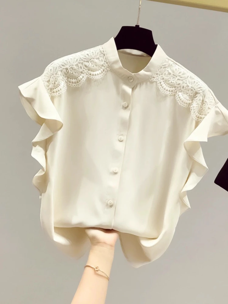 

Summer Lace Blouses Stand Neck Sleeveless Ruffles Patchwork Solid Color Shirts Fashion Elegant All Match 2025 New Women Clothing