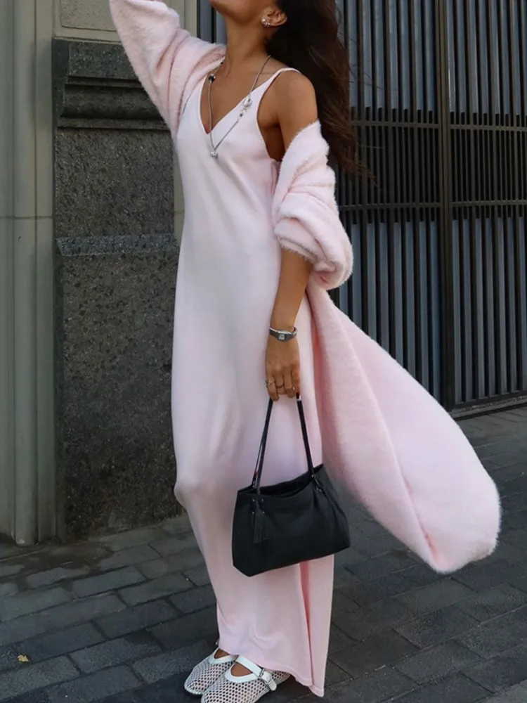 

Imitation Mink Knitted Sweater Cardigan Autumn And Winter V-neck Lengthened Cardigan Robe Lazy Style Loose Long-sleeved Sweater