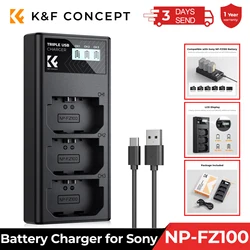 K&F CONCEPT NP-FZ100 Charger 3-Slot A7iii with LCD Display Battery Charger for Sony A7iii A7iv A7Rv A6700 A6600 A9 A1 FX3 Camera