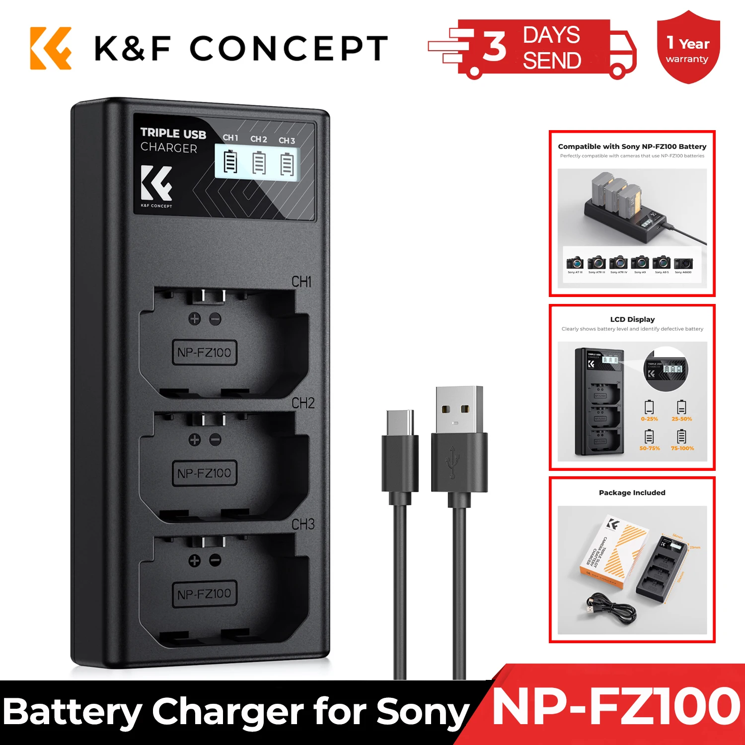 K&F Concept NP-FZ100 Charger 3-Slot A7iii with LCD Display Battery Charger for Sony A7iii A7iv A7Rv A6700 A6600 A9 A1 FX3 Camera