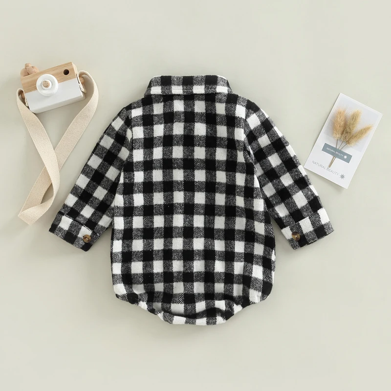 Baby Boy Girl Flannel Plaid Shirt Romper Long Sleeve Lapel Button Down Bodysuit Oversized Tops Fall Winter Clothes