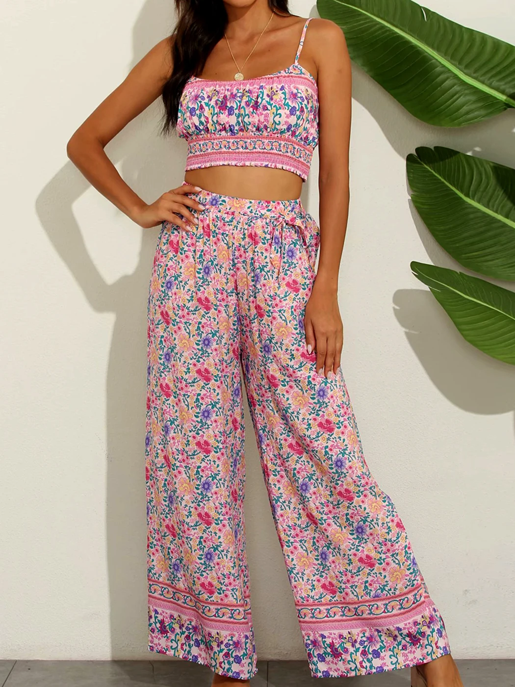 Jastie Boho Vintage Pattern Print Women 2 Piece Set Spring 2022 Midriff Baring Wide Leg Pant Retro Chic Beach Vacation Women Set