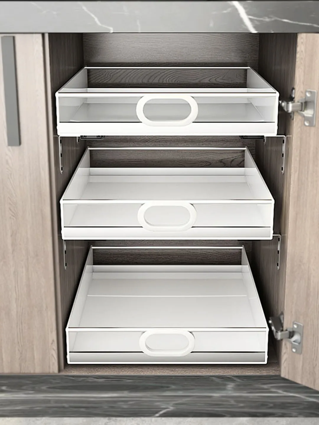 Stainless Steel Rod PP Ultra-deep Kitchen Cabinet Pull-out Tray Storage Box with Track Modern Style Home Storage Organizer