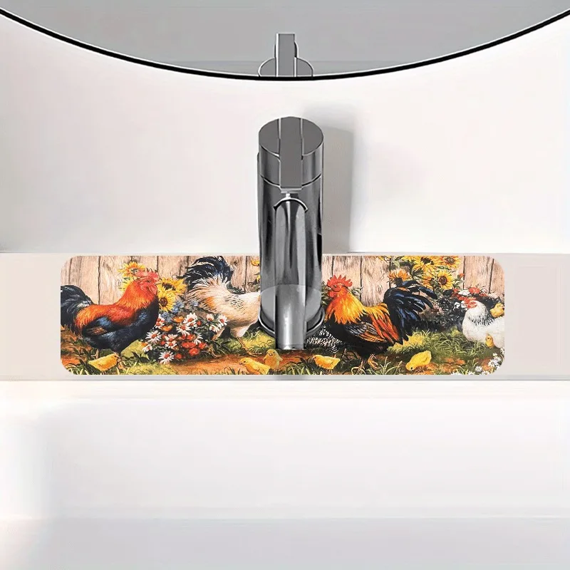 Farmyard Rooster Design Faucet Mat of Rubber Non-Slip, Quick-Drying Sink Splash Guard for Kitchen and Bathroom Sink & Faucet Mat