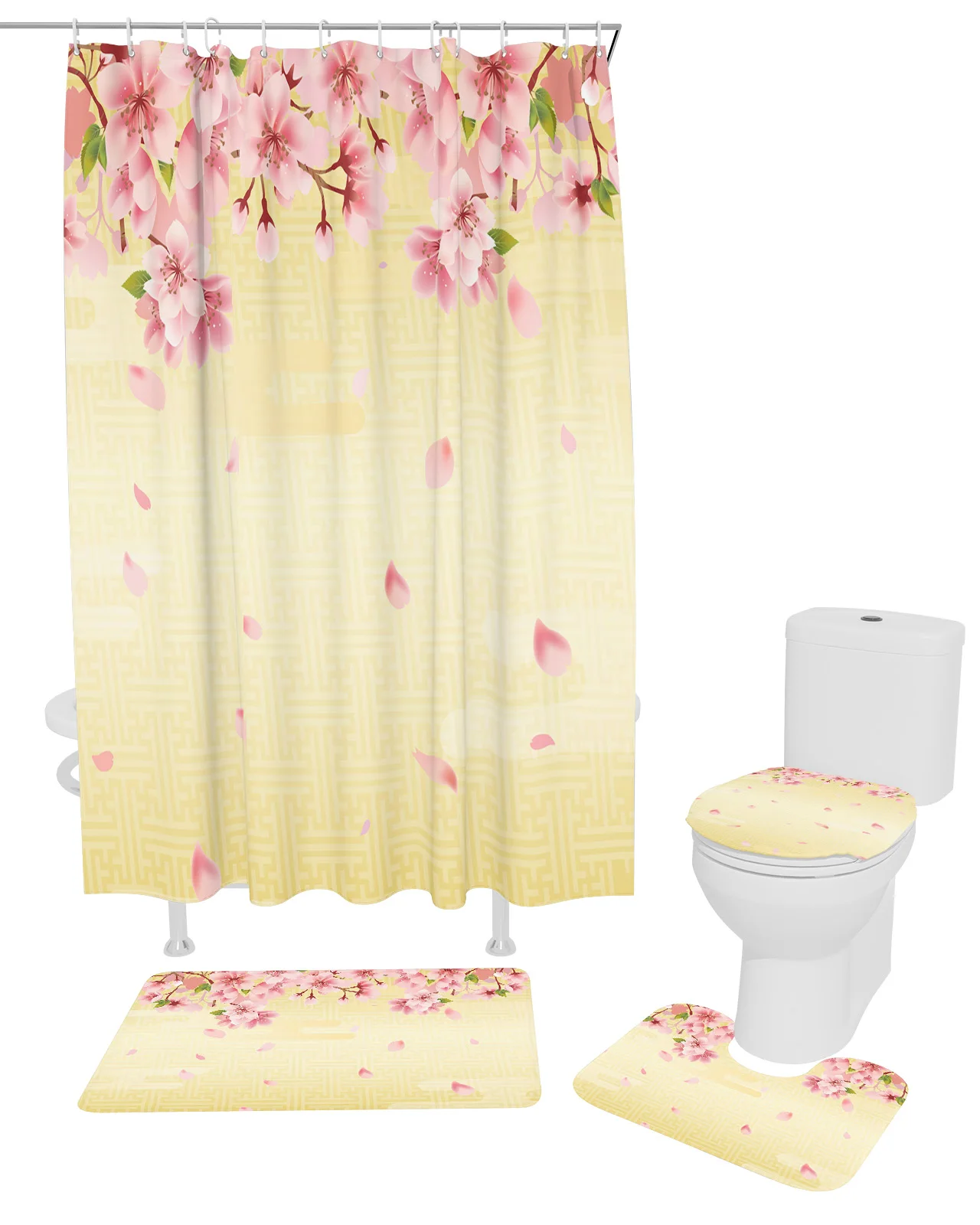 Japanese Style Sakura Texture Shower Curtain Set Non-Slip Rugs Bath Mat Toilet Lid Cover Waterproof Polyester Bathroom Curtain