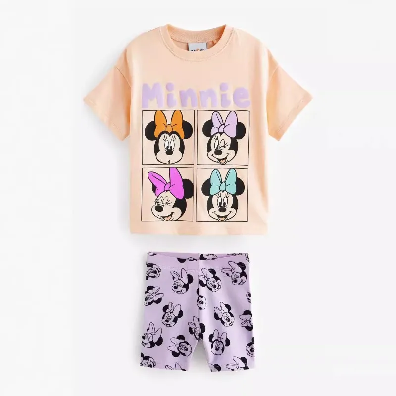 Summer Kids Girl Sets Short Sleeves Round Collar Cattoon Mouse Mickey Minnie Cotton Thin Cute Tee and Shorts Q1003