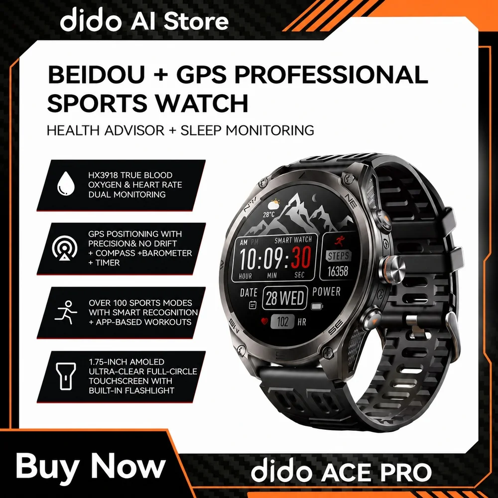 

Dido AI Ace Pro GPS Bluetooth Smartwatch 1.75" AMOLED IP68 Waterproof Heart Rate Blood Oxygen Monitor Outdoors Smart Watches