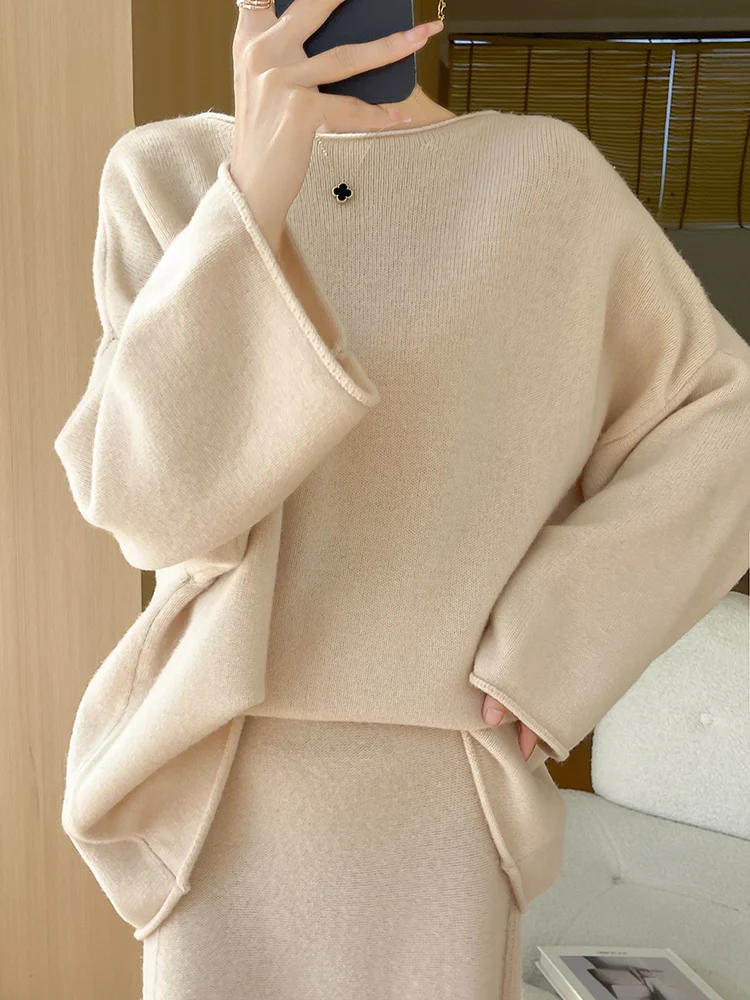 New Chic Women's Long Wool Pullover Sweater Slash Neck Simple Style Cashmere Sweater Autumn Winter 100% Merino Wool Knitwear