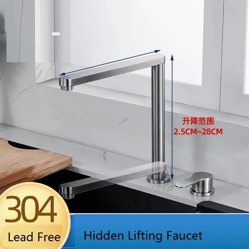 304 Stainless Steel Lead Free Kitchen Faucet Hidden Lifting Faucet Cold  Hot Water Mixer Tap Single Handle 2-hole Split Sink Tap