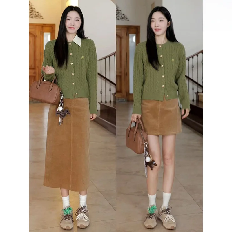 

Removable irt Collar Open Cardigan A-Line Skirt Set Color Blo Autumn Winter Versatile Women's Casual Faion Ensemble
