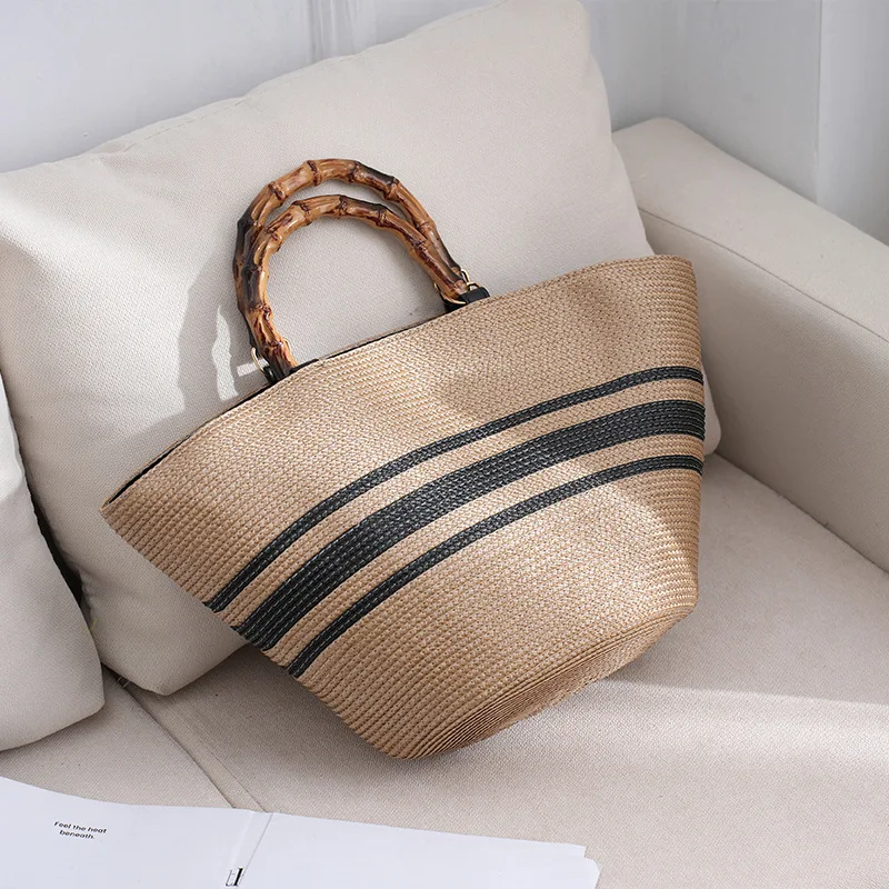 

Fashionable Bamboo and Grass Woven Bag with Striped Zebra Pattern Design Woven Bag Street Handbag Commuting Bag