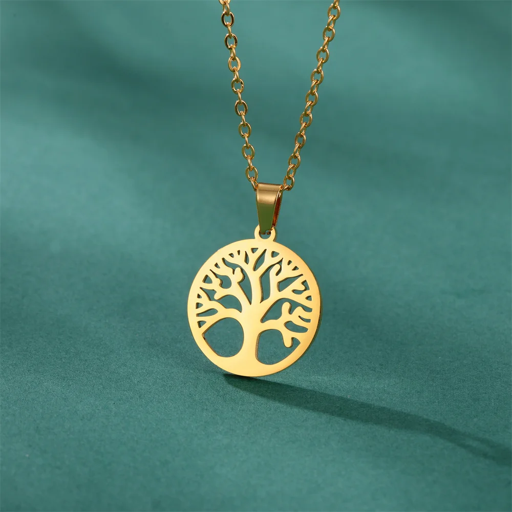 Tree of Life Women Necklace Round Pendant Stainless Steel Necklace Women Elegant Circle Tree Jewelry Wholesale Bijoux Collier