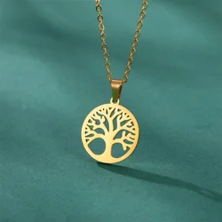 Tree of Life Women Necklace Round Pendant Stainless Steel Necklace Women Elegant Circle Tree Jewelry Wholesale Bijoux Collier