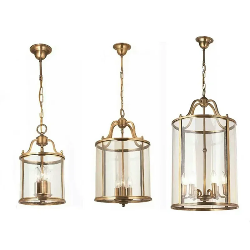 Vintage Brass Birdcage Chandelier LED Candle Lamp Hotel Lobby Hallway Restaurant Cylindrical Solder Clear Glass Entryway Lamp