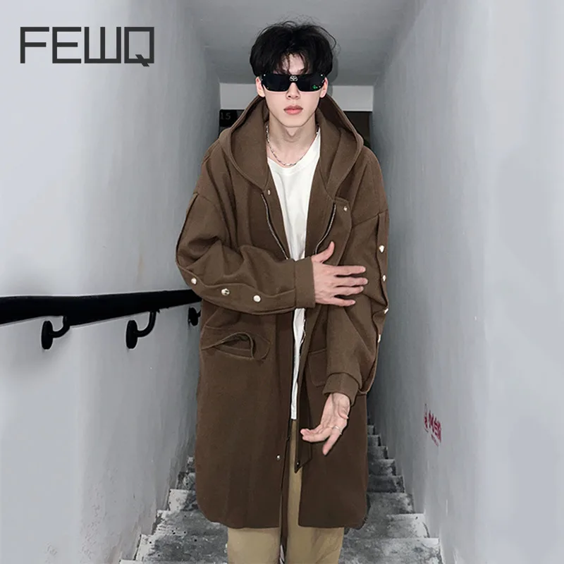 

FEWQ Niche Design Men's Woollen Coats Casual Solid Color Button Design Overknee Hooded Loose Male Windbreakers Autumn 24E2607