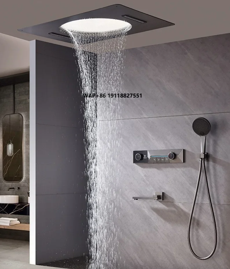 Light Luxury Brass Square Digital Display Thermostatic Wall Shower Set Rain Spray Waterfall Outlet Large Top Spray Intelligent