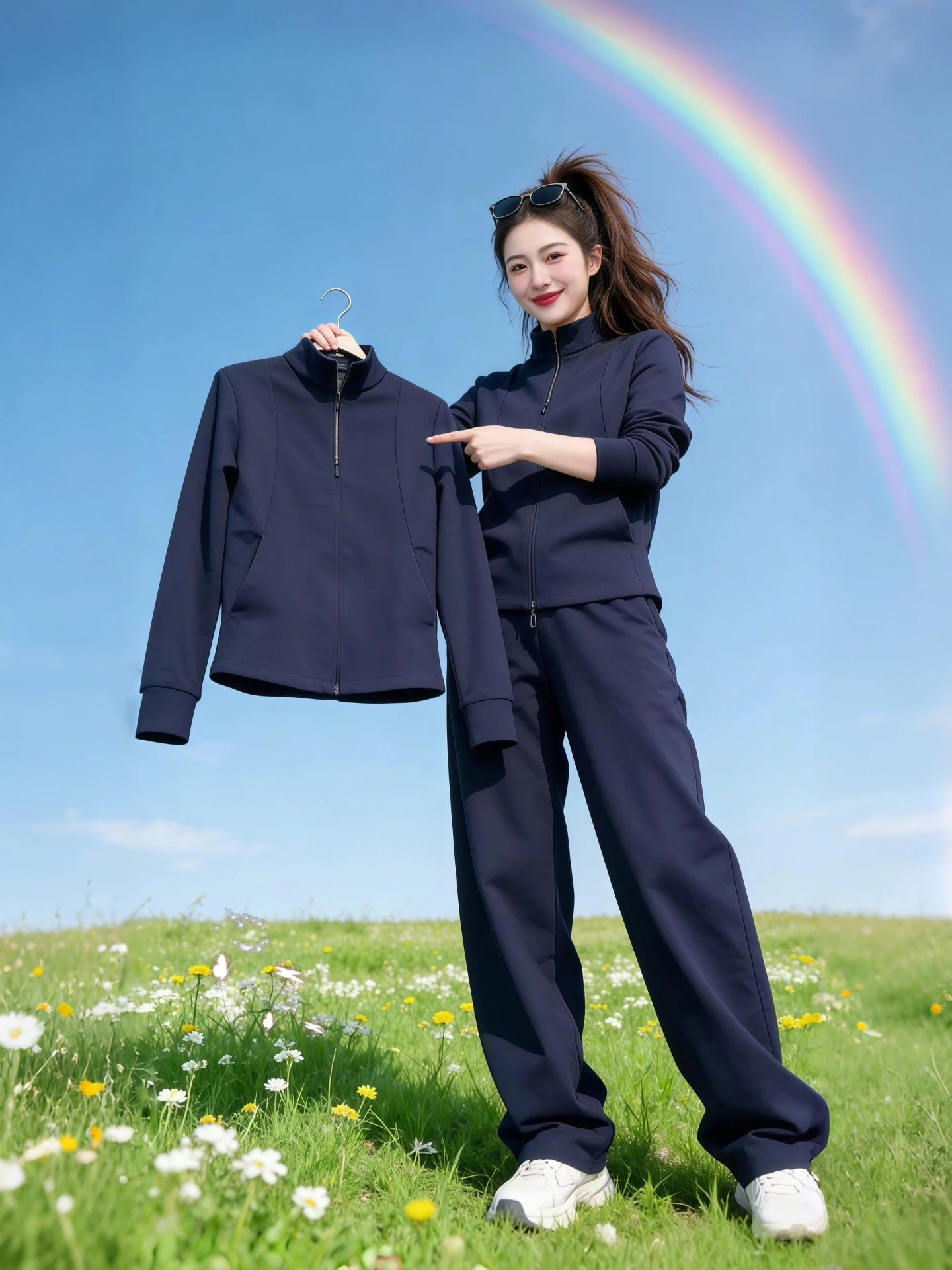 

Элегантный весенний комплект для женщин: новинка 2026 года, однотонный свитшот с воротником-стойкой и широкие брюки, комплект из двух предметов премиум-класса