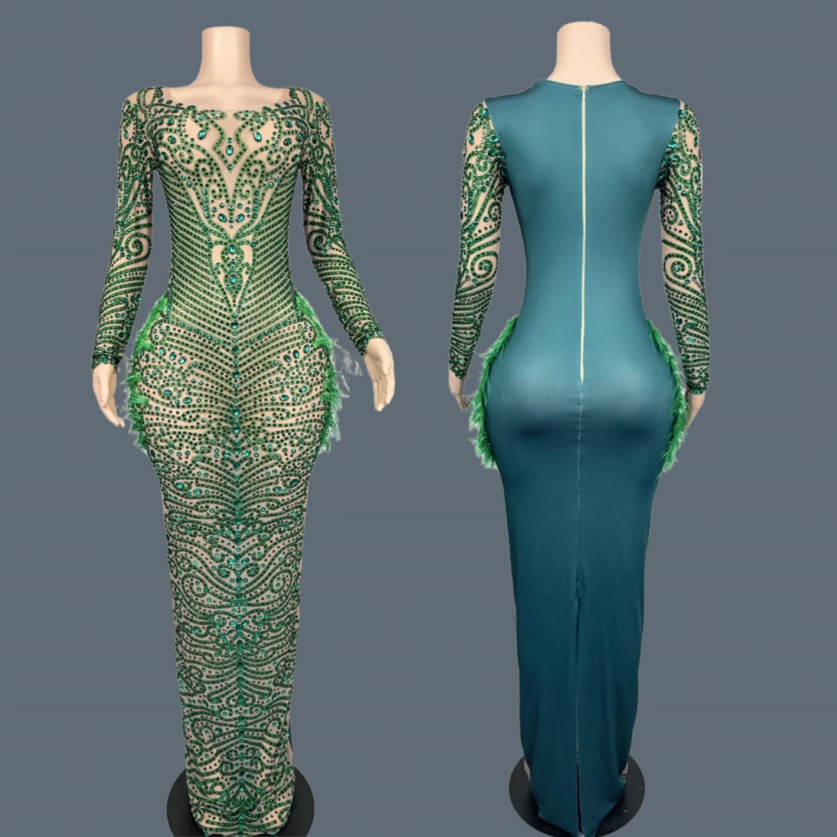 Sparkly Green Rhinestone Tight Fitting Long Dress Festival Celebrate Night Theme Party Evening Gown Elegant Women Outfit Taixian