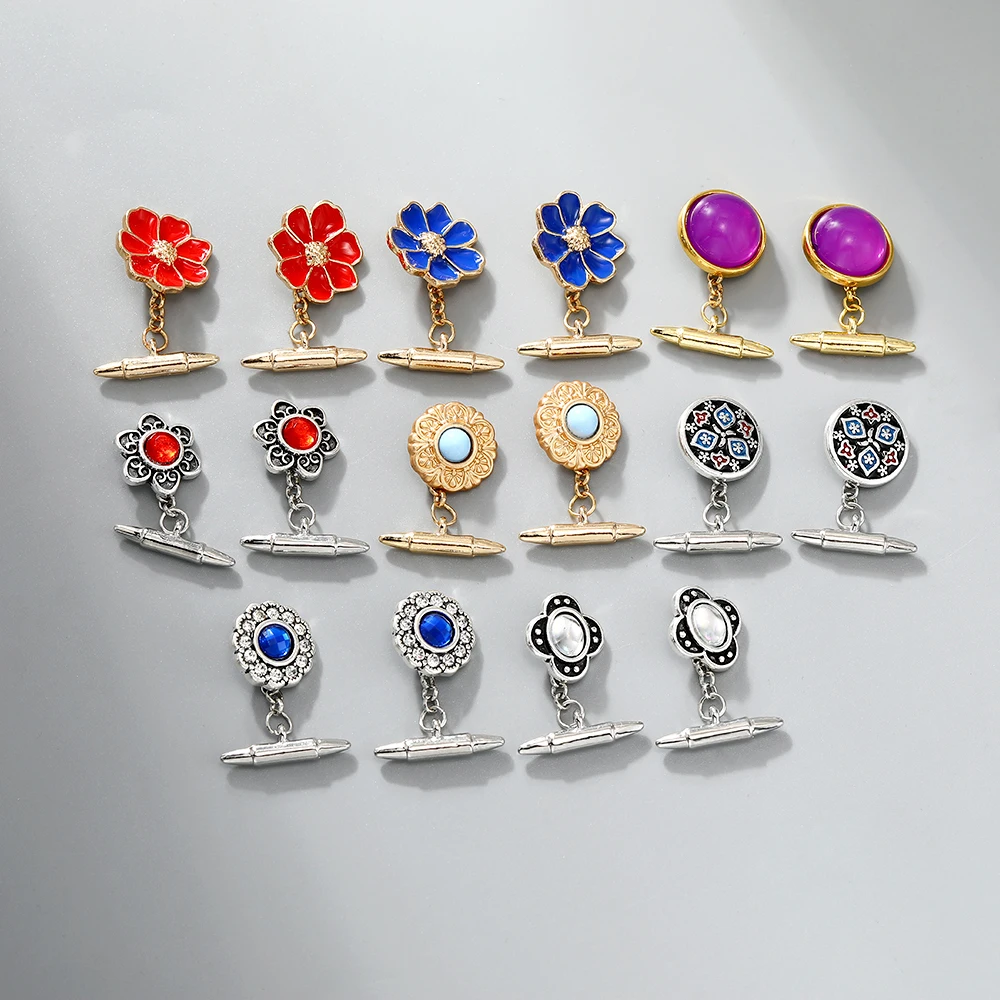 Retro Palace Style Pattern Mens Chain Cufflinks Purple Blue Red Flower Crystal Button Festival Gifts